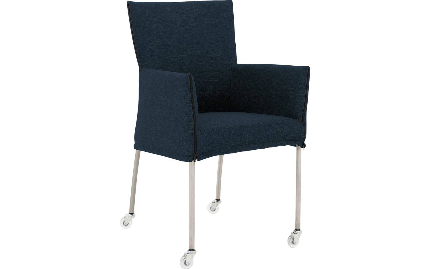 Goossens Eetkamerstoel Funk RVS Poten blauw stof met armleuning en met wielenTransparant skater wiel met rvs kap, modern design - 8718823212846