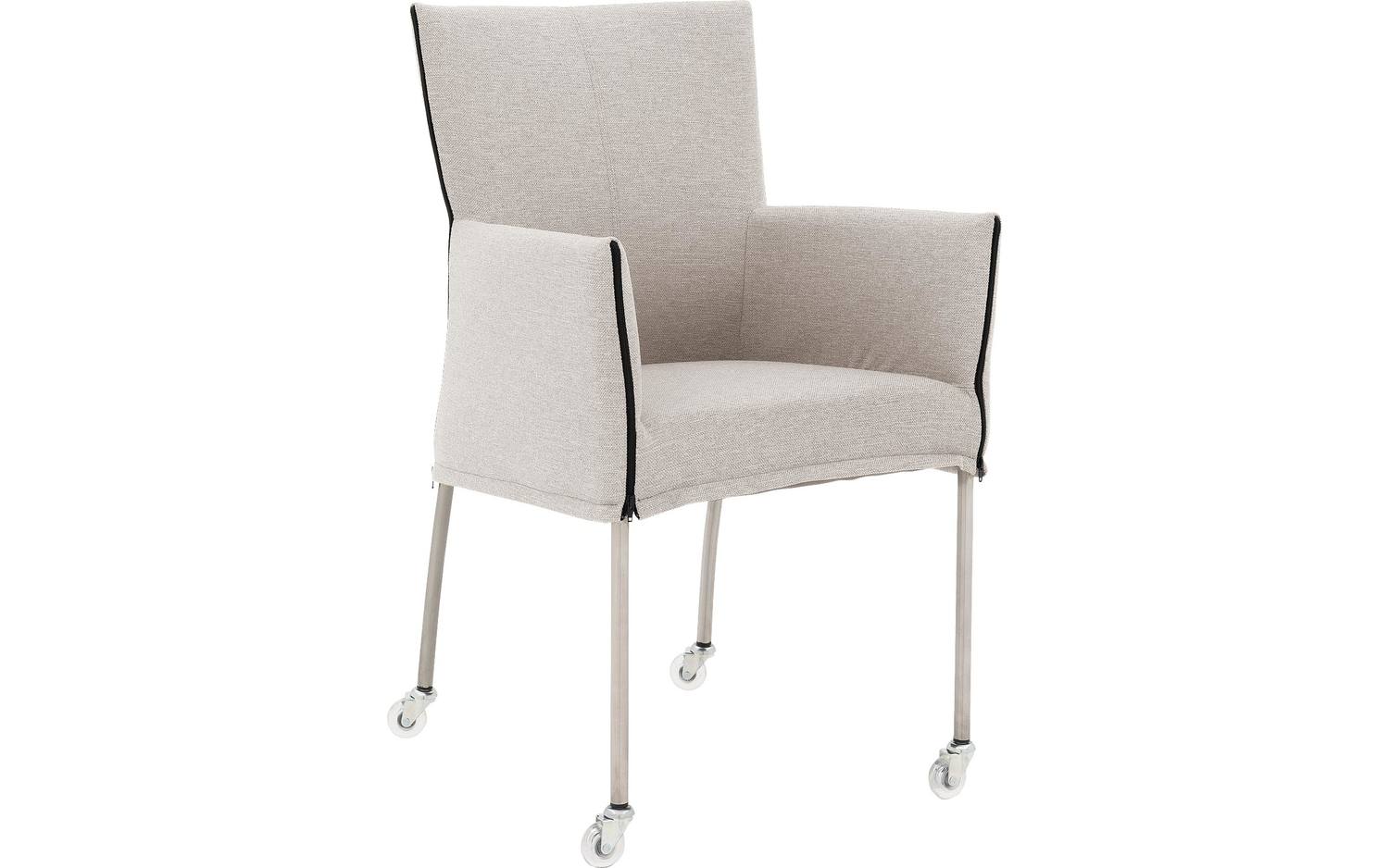 Goossens Eetkamerstoel Funk RVS Poten lichtgrijs stof met armleuning en Transparant skater wiel met rvs kapmet wielen, modern design - 8718823212730