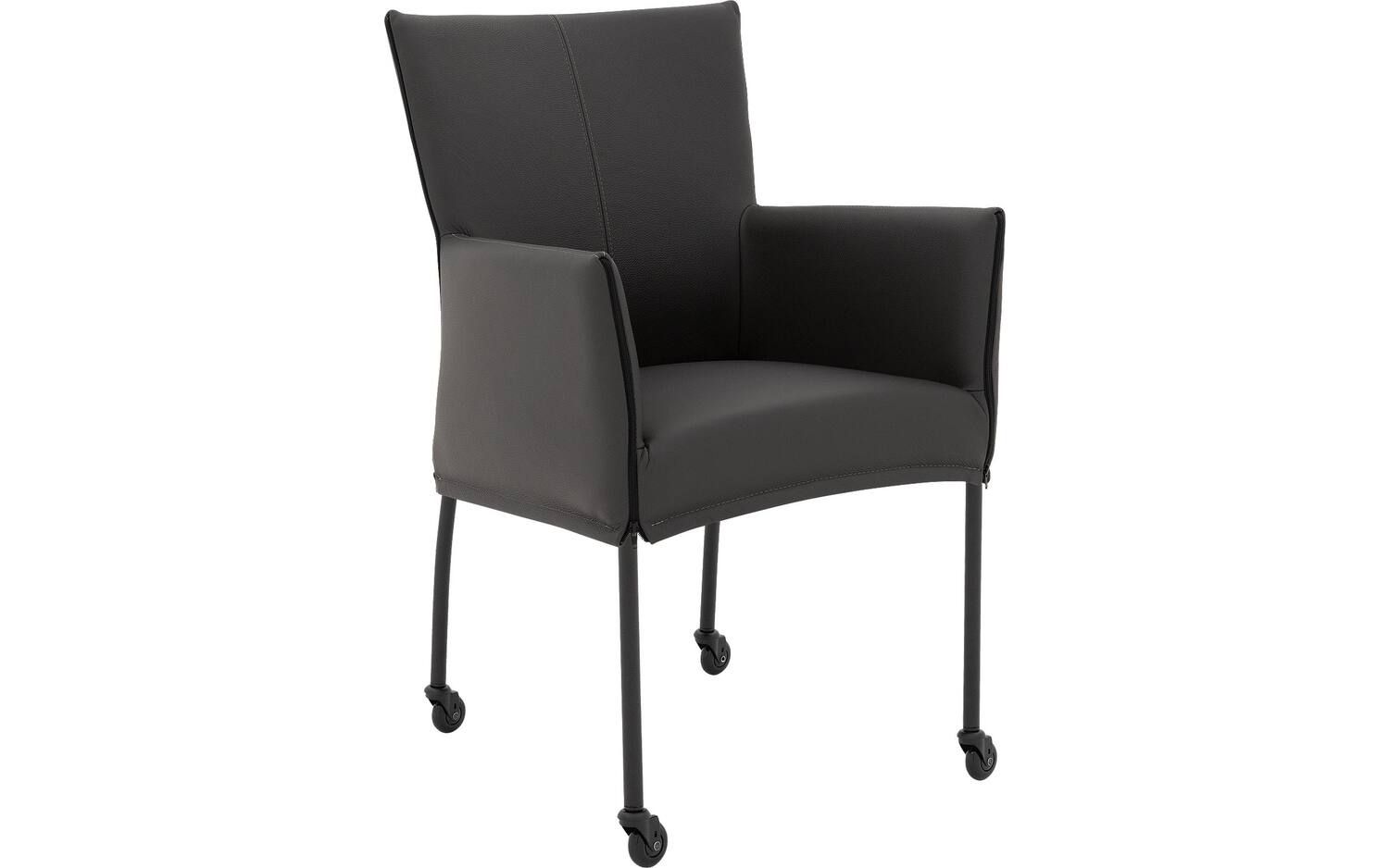 Goossens Eetkamerstoel Funk Zwarte Poten donkergrijs leer met armleuning en met wielenZwart skater wiel met zwarte kap, modern design - 8718823226119