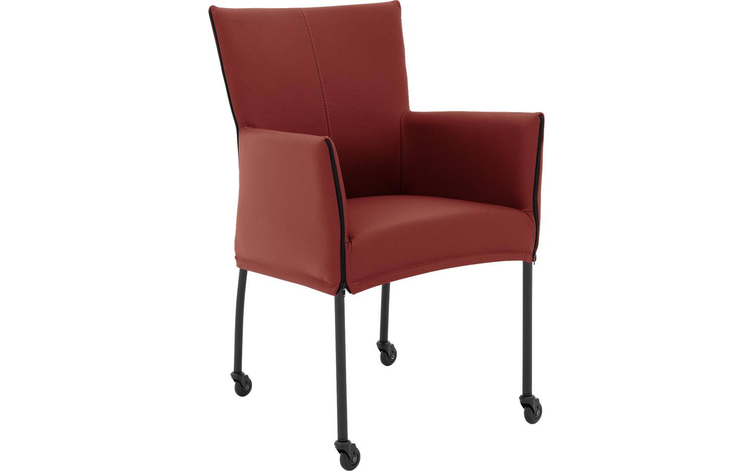 Goossens Eetkamerstoel Funk Zwarte Poten rood leer met armleuning en met wielenZwart skater wiel met zwarte kap, modern design - 8718823226096