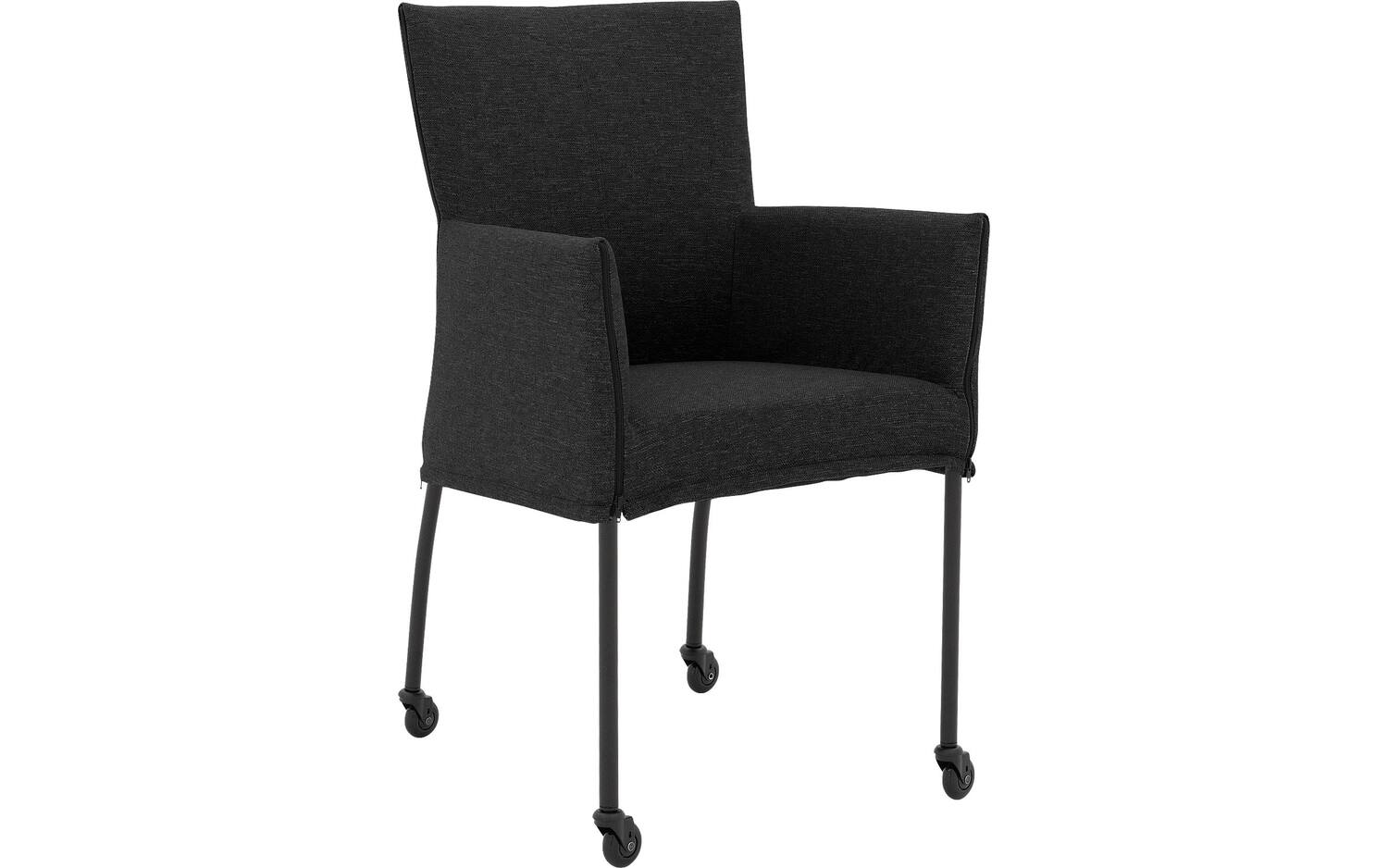 Goossens Eetkamerstoel Funk Zwarte Poten antraciet stof met armleuning en met wielenZwart skater wiel met zwarte kap, modern design - 8718823226058