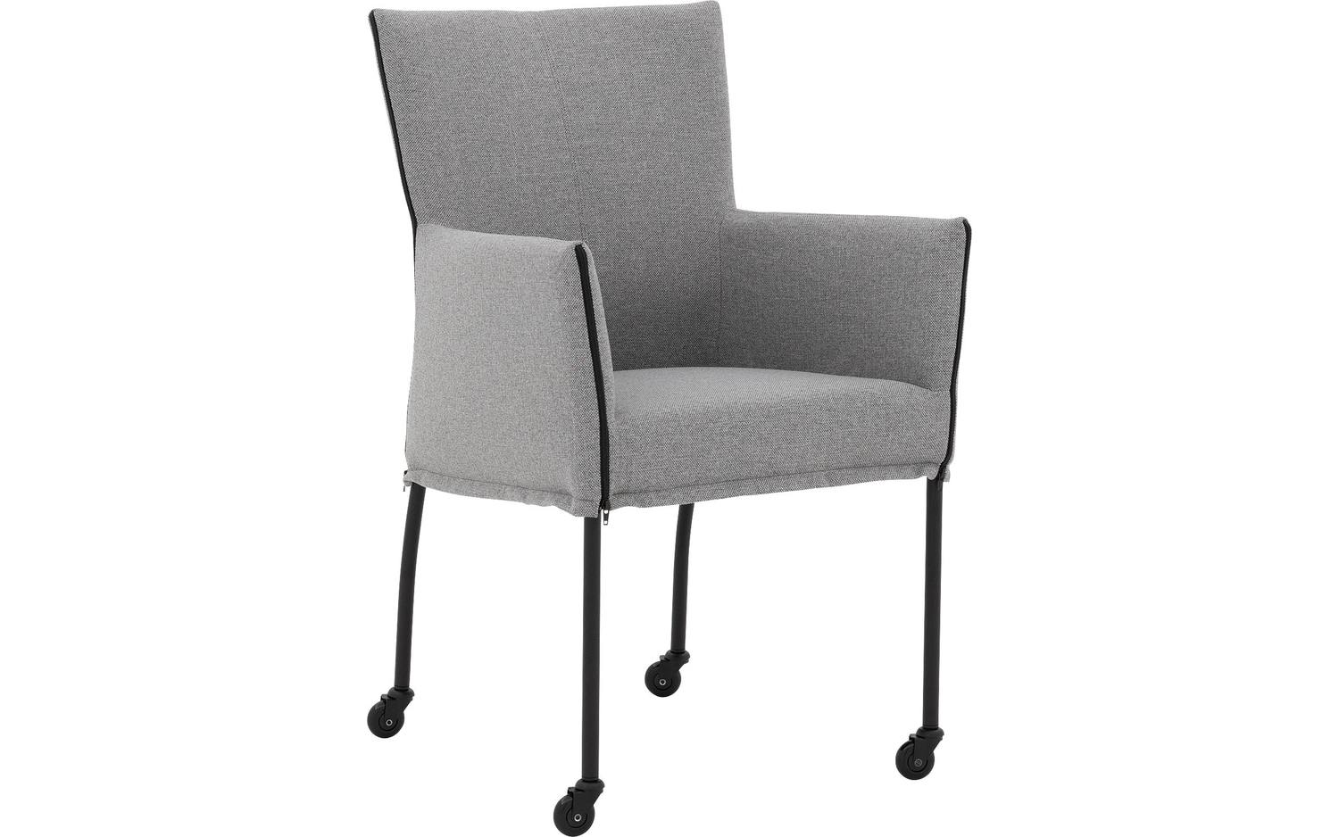 Goossens Eetkamerstoel Funk Zwarte Poten grijs stof met armleuning en Zwart skater wiel met zwarte kapmet wielen, modern design - 8718823222418