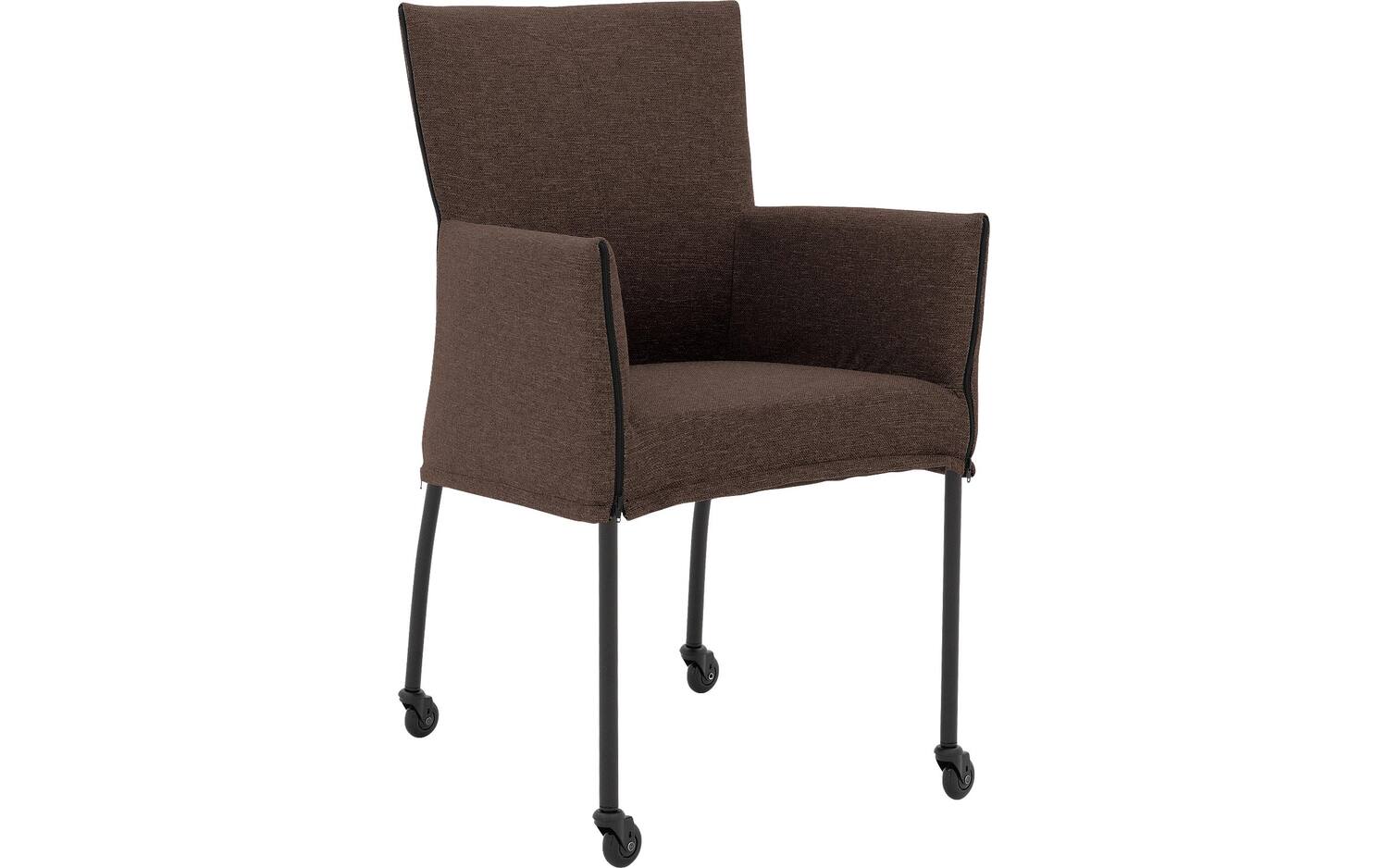 Goossens Eetkamerstoel Funk Zwarte Poten bruin stof met armleuning en Zwart skater wiel met zwarte kapmet wielen, modern design - 8718823226041