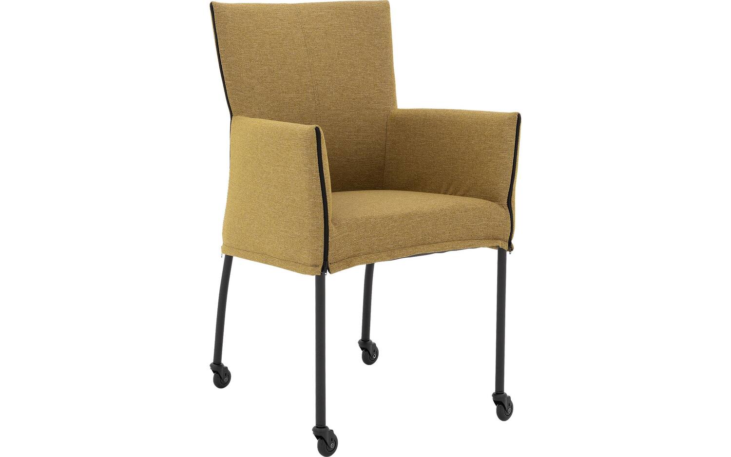 Goossens Eetkamerstoel Funk Zwarte Poten groen stof met armleuning en Zwart skater wiel met zwarte kapmet wielen, modern design - 8718823226003