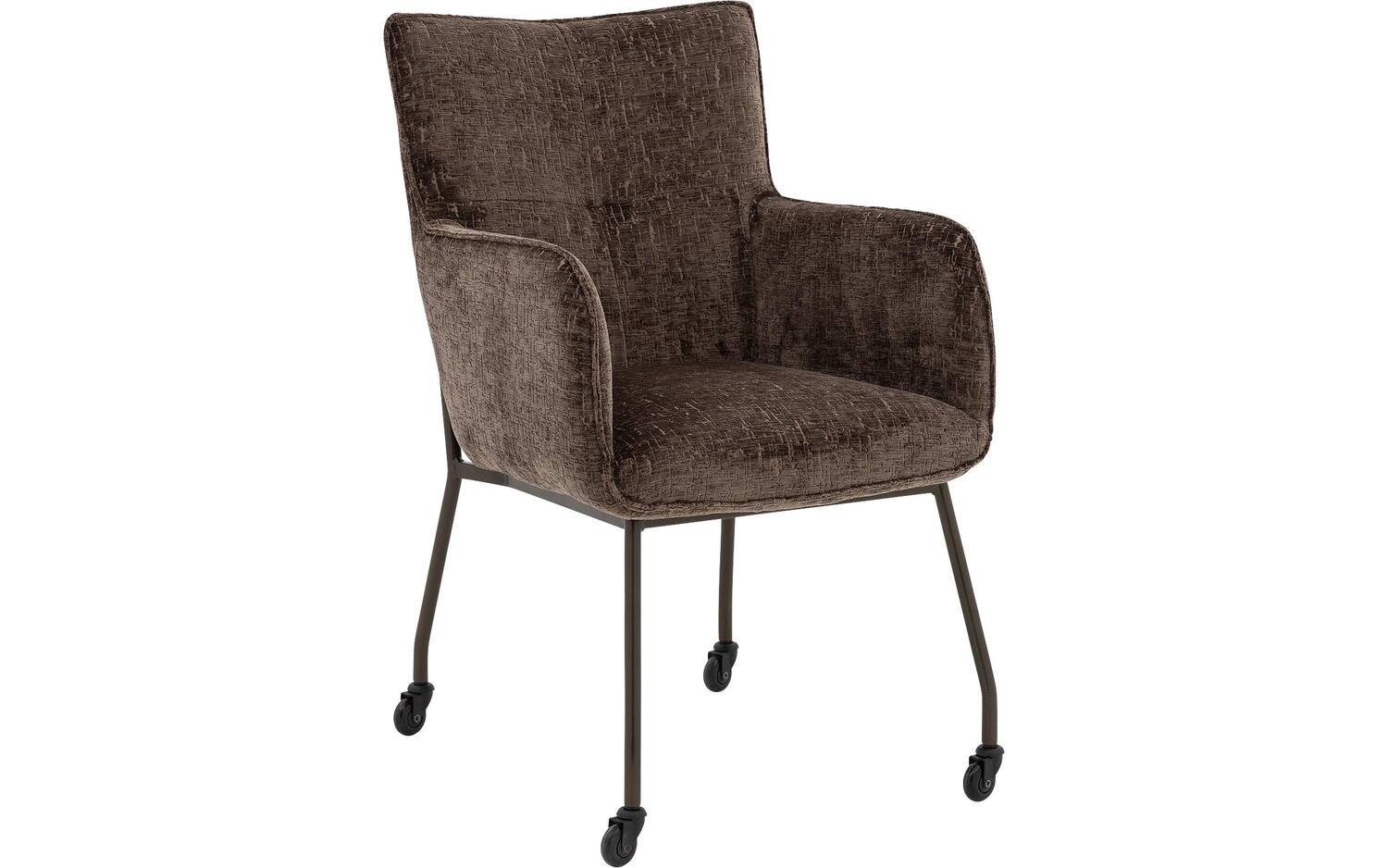 Goossens Eetkamerstoel Trullo bruin stof met armleuning en met zwarte skater wielenmet wielen, - 8718823301632
