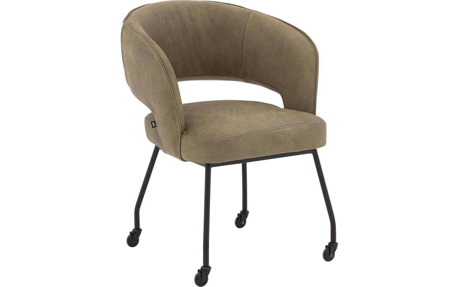 Goossens Excellent Eetkamerstoel Ostuni groen leer Ronde rechte poot op wielen met armleuning en met wielenZwart skater wiel met zwarte kap, - 8718823317435