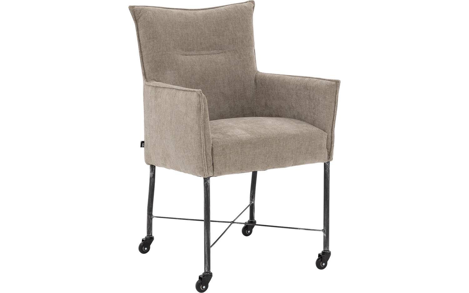 Goossens Eetkamerstoel Erik bruin stof met armleuning en met wielenmet skaterwielen, modern design - 8718823321234