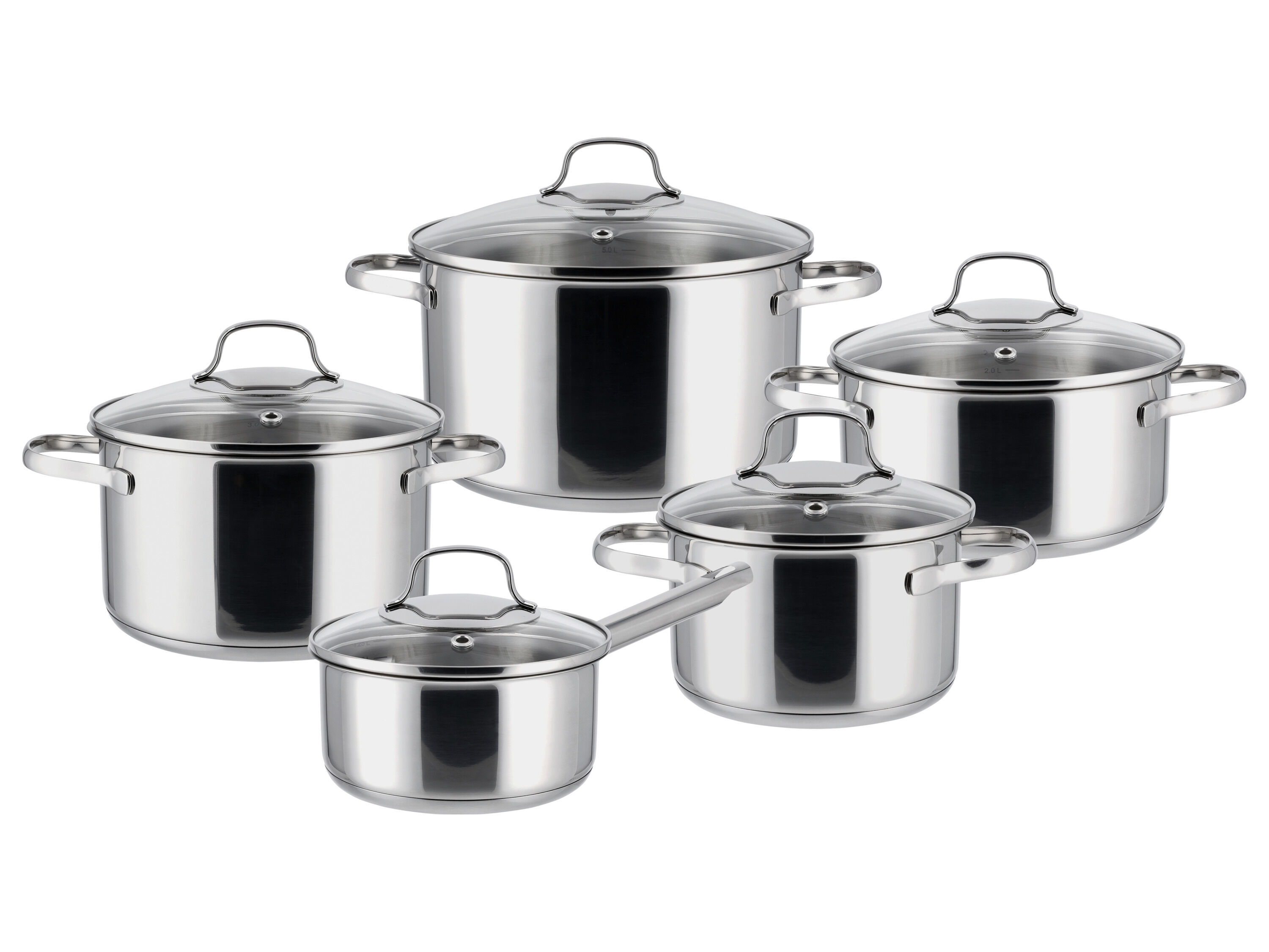 SILVERCREST Set van 5 RVS pannen (Glazen deksel) - 4052916843109