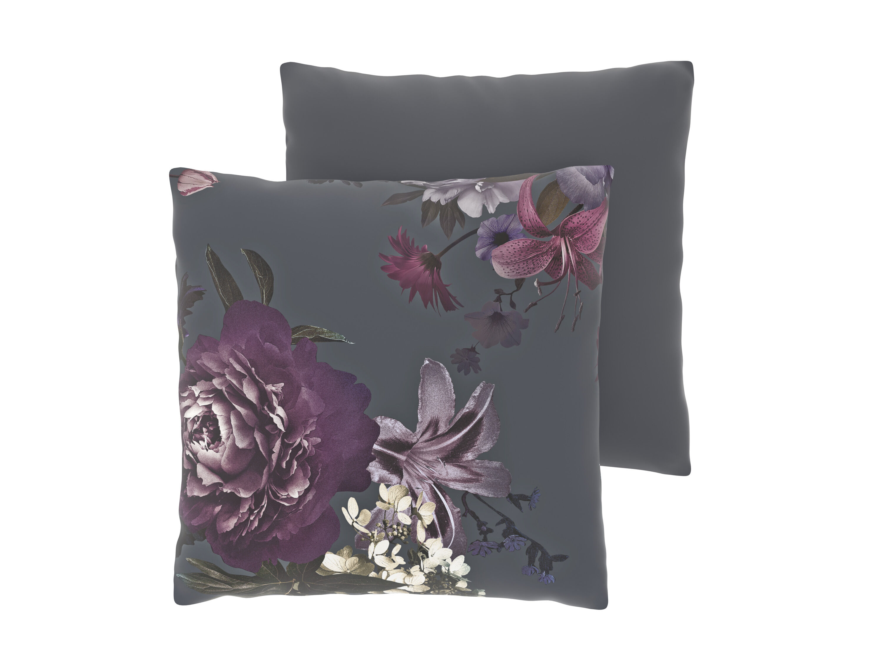 LIVARNO Set van 2 satijnen kussenslopen 60 x 50 cm (Bloemen/grijs) - 4052916841389